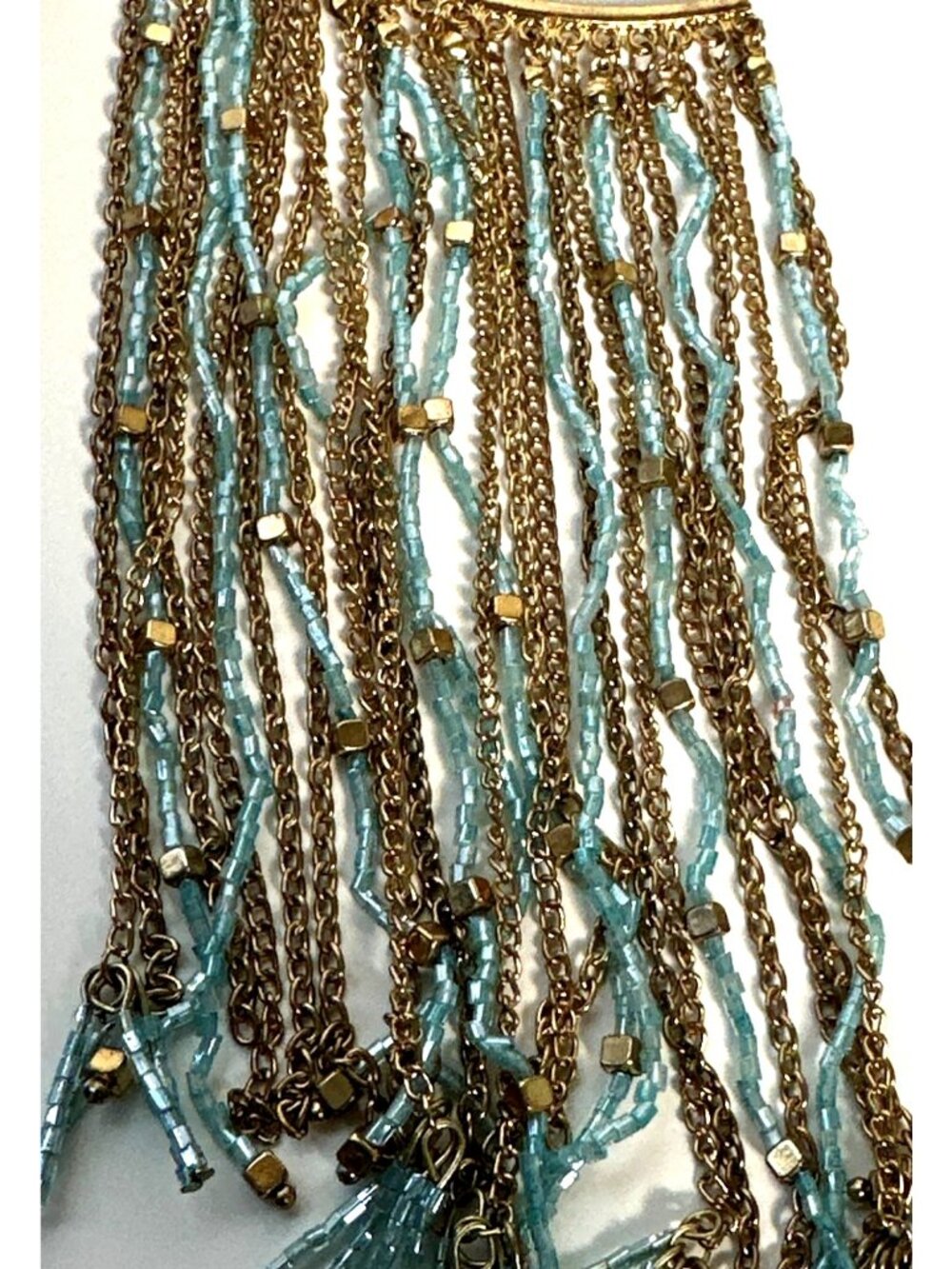 Coastal Boho Statement Fringe Bib Necklace Blue Tassel Beads Carol Dauplaise - Picture 3 of 11